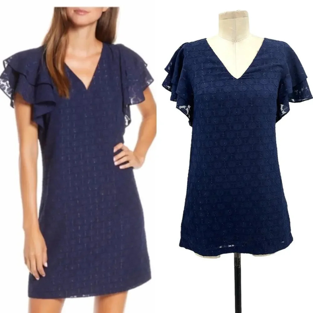 Lilly Pulitzer Kathie Dress Shift True Navy Blue Tanzanian Clip Dot‎ Metallic 00